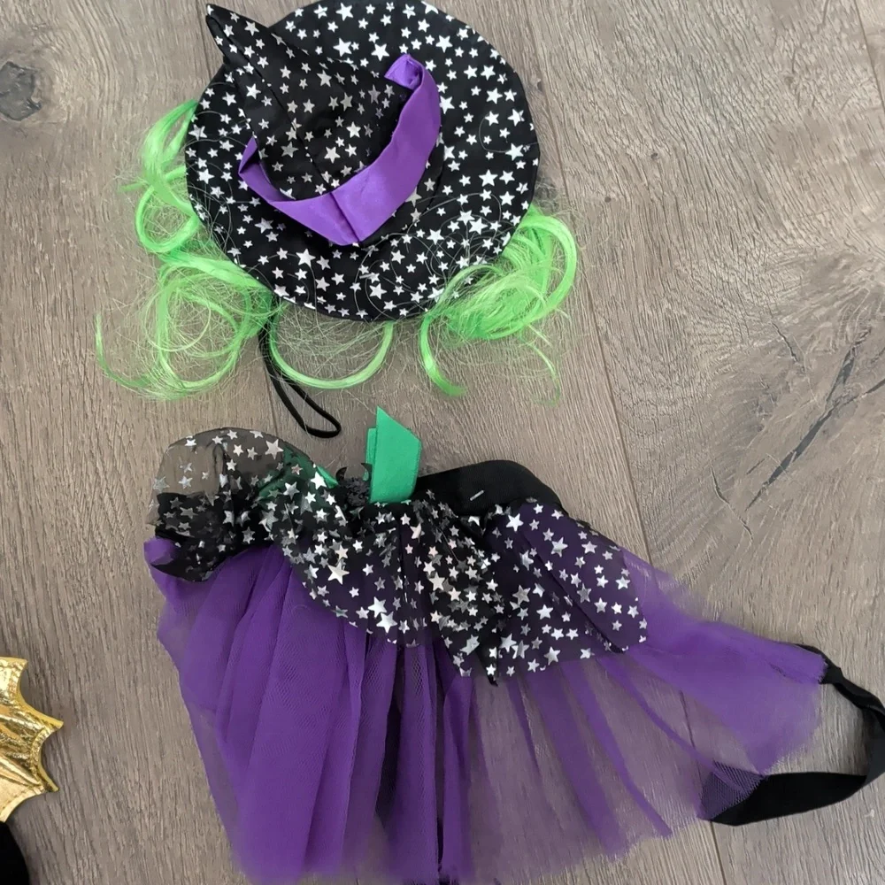 Cat Halloween Costume Set: Witch, Devil Bat Costume - Red, Black, Gold, Purple
